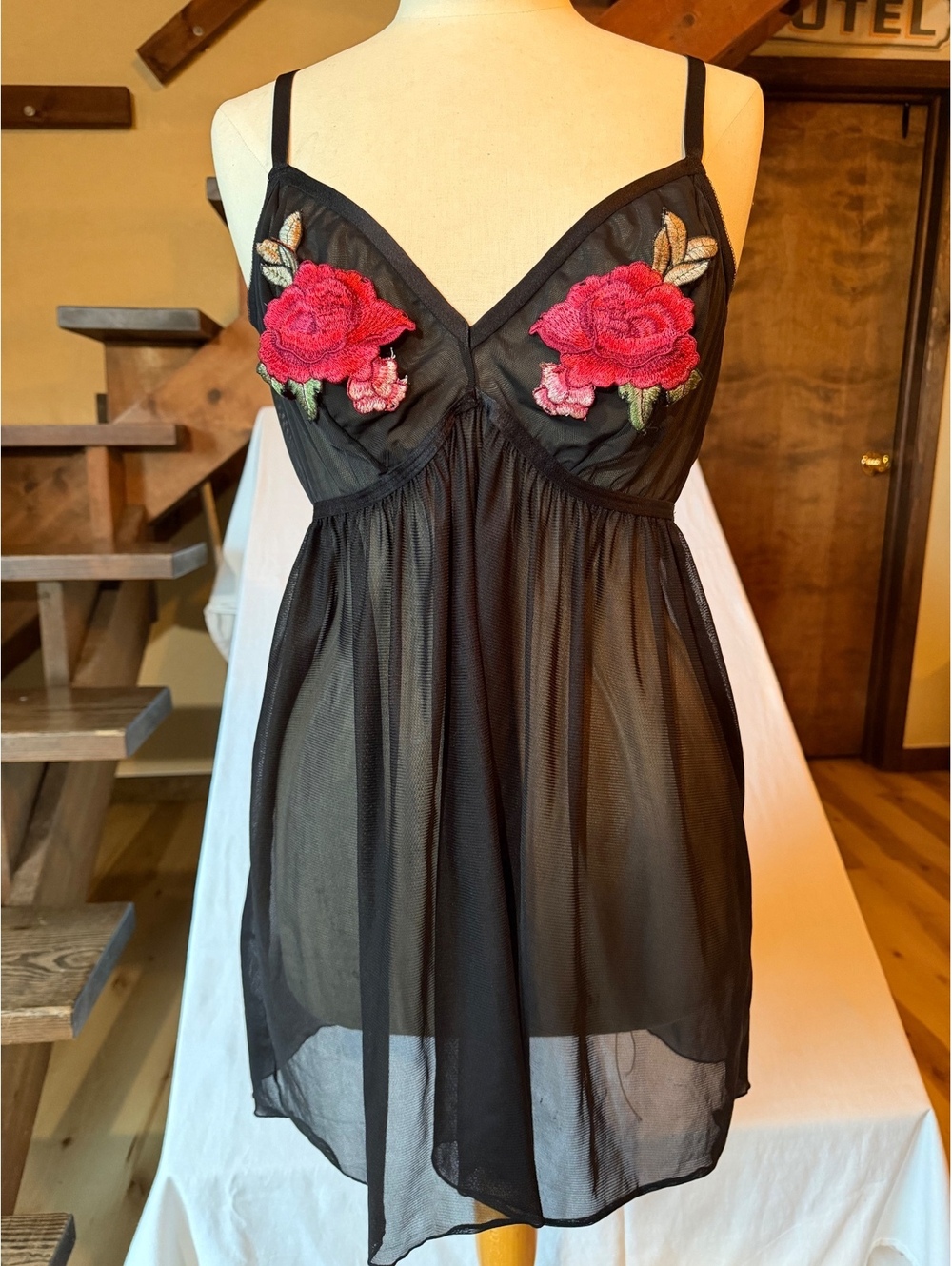 Torrid Black Sheer Babydoll Dress with Pink Rose Embroidery